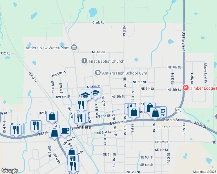 map of restaurants, bars, coffee shops, grocery stores, and more near 501-599 NE 5th St in Antlers