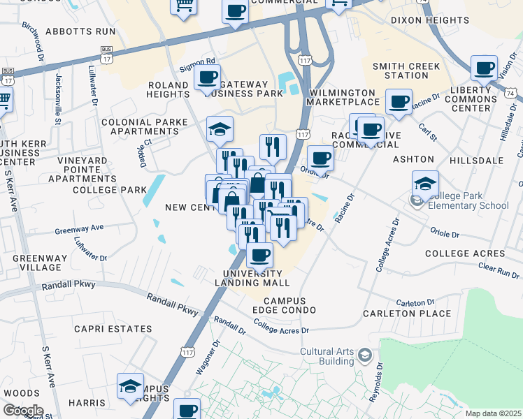 map of restaurants, bars, coffee shops, grocery stores, and more near 318 South College Road in Wilmington