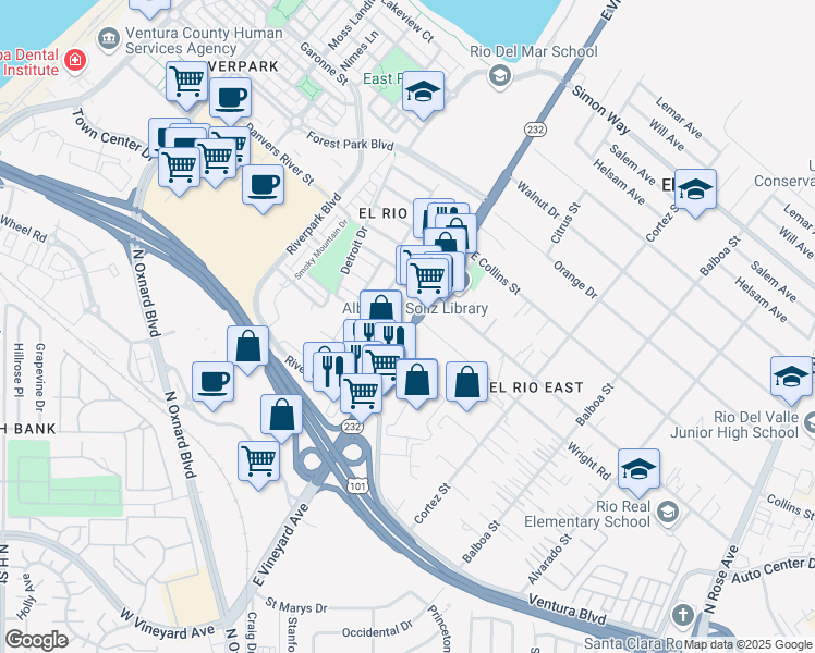 map of restaurants, bars, coffee shops, grocery stores, and more near 2703 East Vineyard Avenue in Oxnard