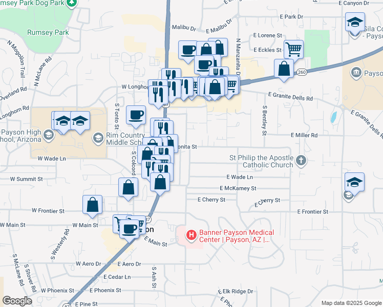 map of restaurants, bars, coffee shops, grocery stores, and more near 403 South Ponderosa Street in Payson