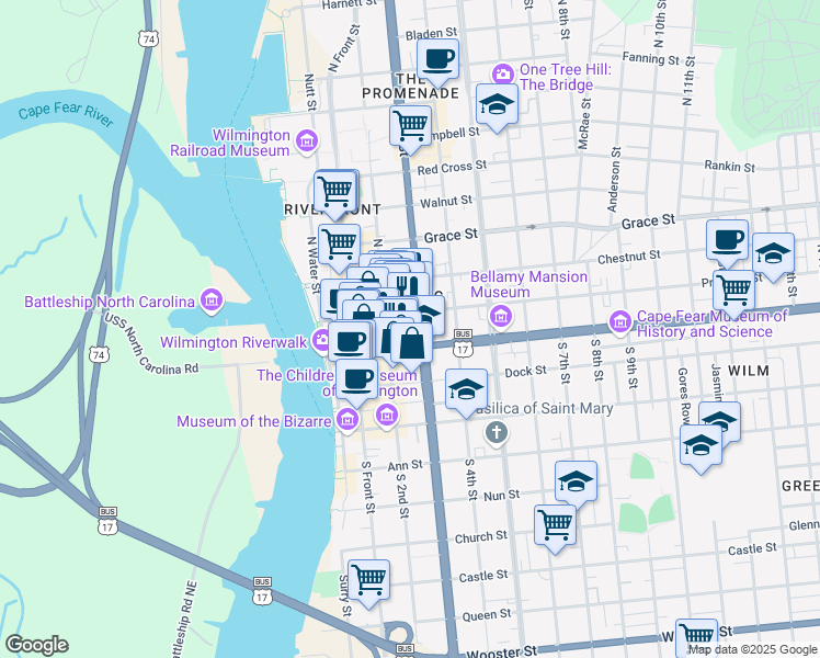 map of restaurants, bars, coffee shops, grocery stores, and more near 7 North 3rd Street in Wilmington