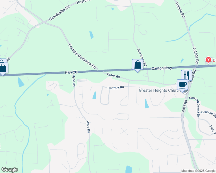 map of restaurants, bars, coffee shops, grocery stores, and more near 4410 Dartford Road in Cumming