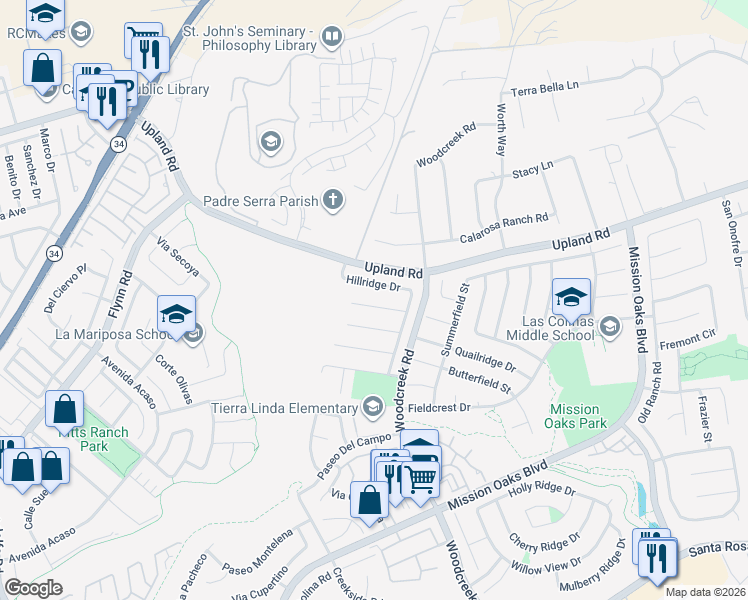 map of restaurants, bars, coffee shops, grocery stores, and more near 5267 Goldenridge Court in Camarillo
