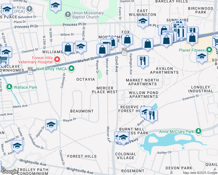 map of restaurants, bars, coffee shops, grocery stores, and more near 201 Mercer Avenue in Wilmington