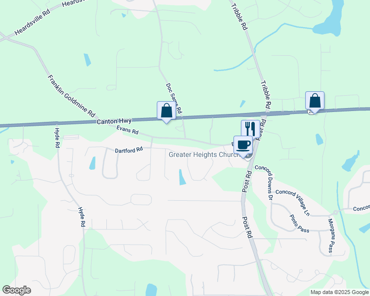 map of restaurants, bars, coffee shops, grocery stores, and more near 3919 Evans Road in Cumming