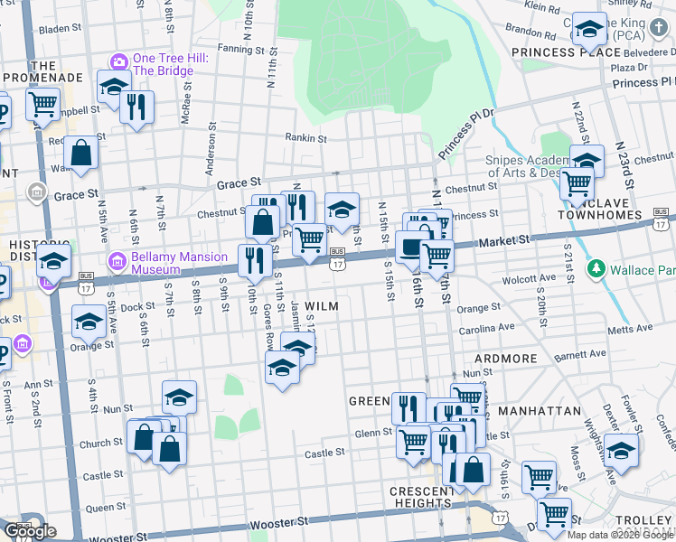map of restaurants, bars, coffee shops, grocery stores, and more near 17 South 13th Street in Wilmington