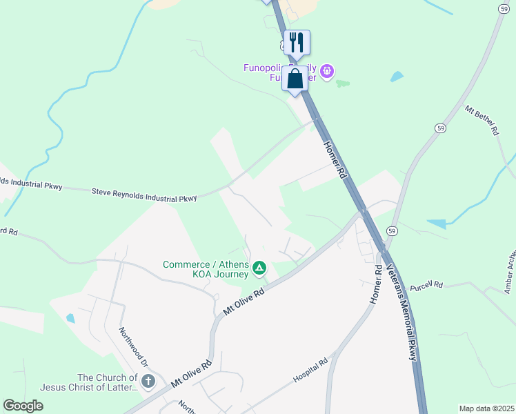 map of restaurants, bars, coffee shops, grocery stores, and more near 349 Steve Reynolds Industrial Parkway in Commerce