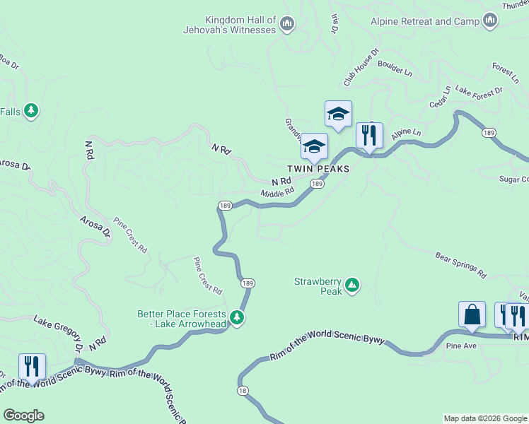 map of restaurants, bars, coffee shops, grocery stores, and more near 25827 California 189 in Twin Peaks