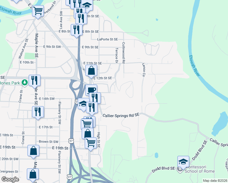 map of restaurants, bars, coffee shops, grocery stores, and more near 21 Beal Lane Southeast in Rome