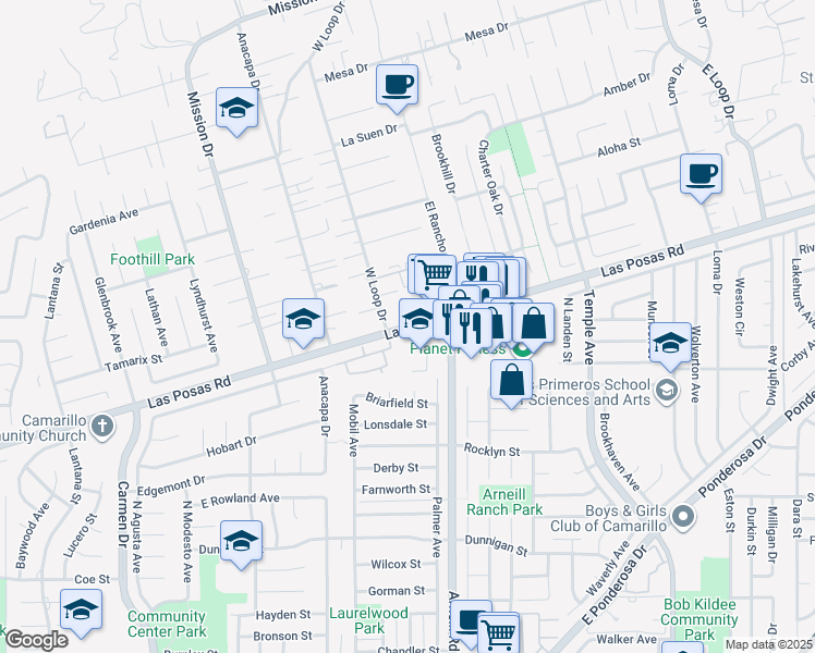 map of restaurants, bars, coffee shops, grocery stores, and more near East Las Posas Road in Camarillo