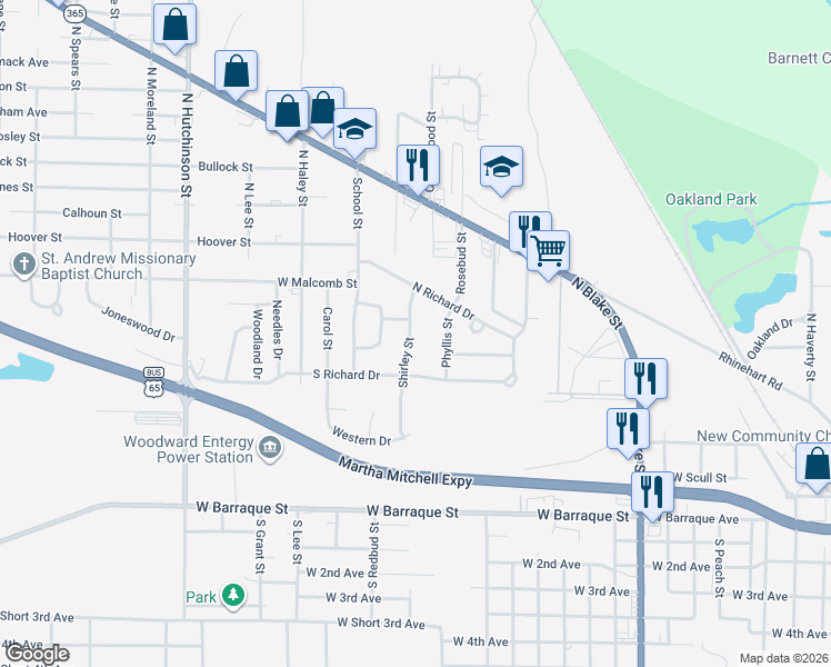 map of restaurants, bars, coffee shops, grocery stores, and more near 15 Shirley Street in Pine Bluff