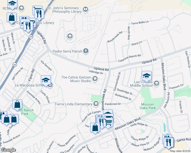 map of restaurants, bars, coffee shops, grocery stores, and more near 5249 Goldenridge Court in Camarillo