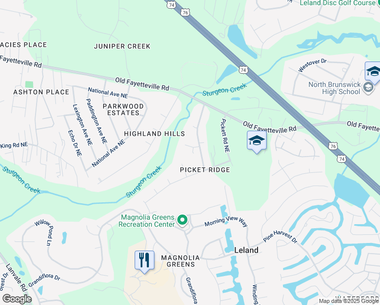 map of restaurants, bars, coffee shops, grocery stores, and more near 9215 Center Court Northeast in Leland