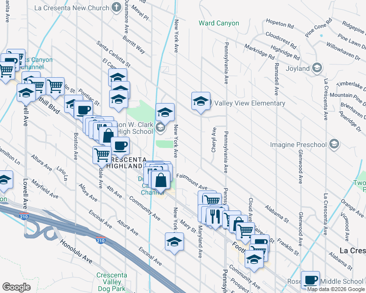 map of restaurants, bars, coffee shops, grocery stores, and more near 4704 New York Avenue in Glendale