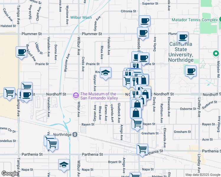 map of restaurants, bars, coffee shops, grocery stores, and more near 18656 Calahan Street in Los Angeles