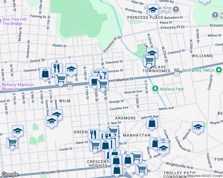 map of restaurants, bars, coffee shops, grocery stores, and more near 1713 Wrightsville Avenue in Wilmington
