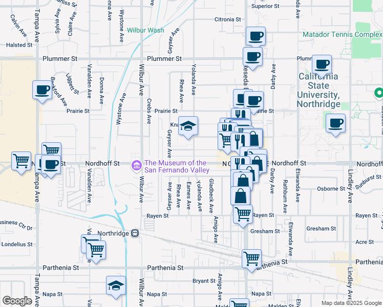map of restaurants, bars, coffee shops, grocery stores, and more near 18656 Calahan Street in Los Angeles