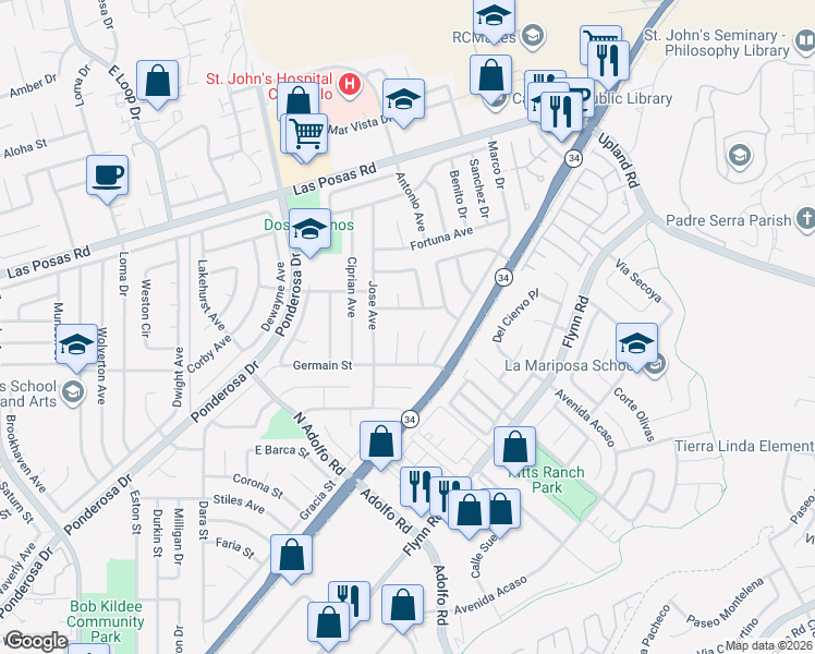 map of restaurants, bars, coffee shops, grocery stores, and more near 1776 Hedon Circle in Camarillo