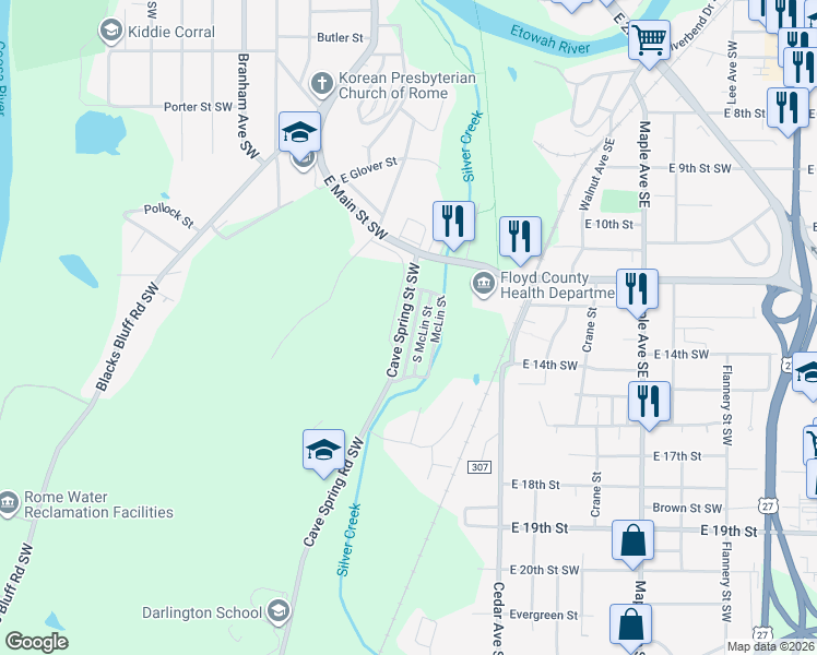 map of restaurants, bars, coffee shops, grocery stores, and more near 231 Cave Spring Street Southwest in Rome