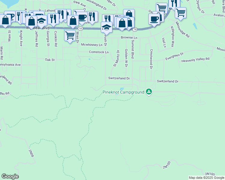 map of restaurants, bars, coffee shops, grocery stores, and more near 861 Thrush Drive in Big Bear Lake