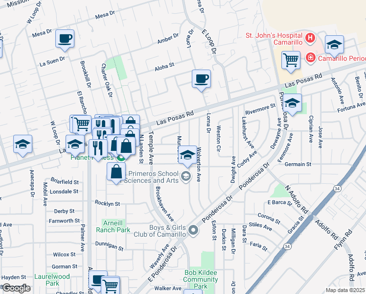 map of restaurants, bars, coffee shops, grocery stores, and more near 1834 Munson Street in Camarillo