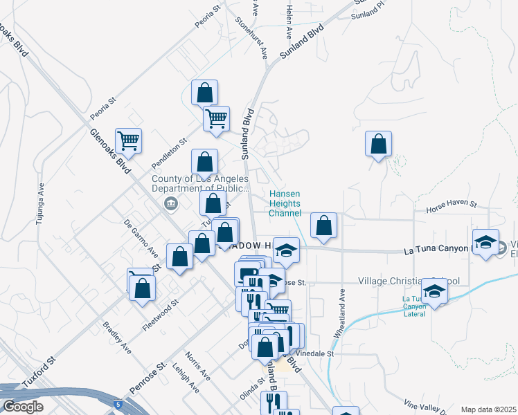 map of restaurants, bars, coffee shops, grocery stores, and more near 9224 Sunland Boulevard in Los Angeles