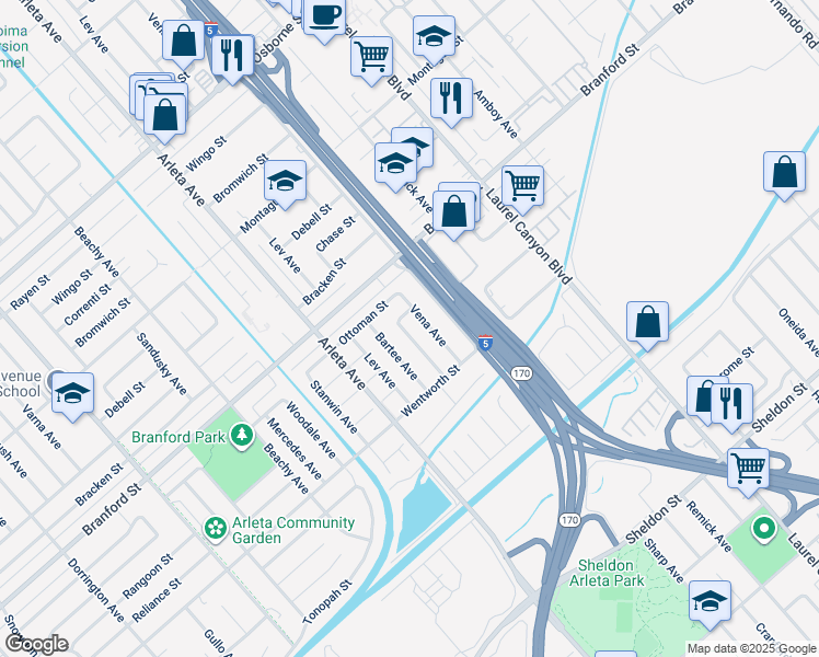 map of restaurants, bars, coffee shops, grocery stores, and more near 9168 Patrick Avenue in Los Angeles