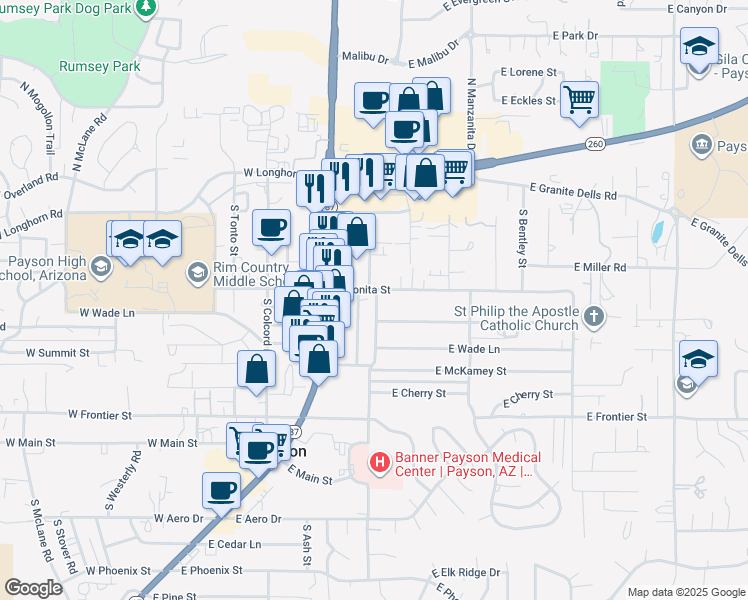 map of restaurants, bars, coffee shops, grocery stores, and more near 403 South Ponderosa Street in Payson