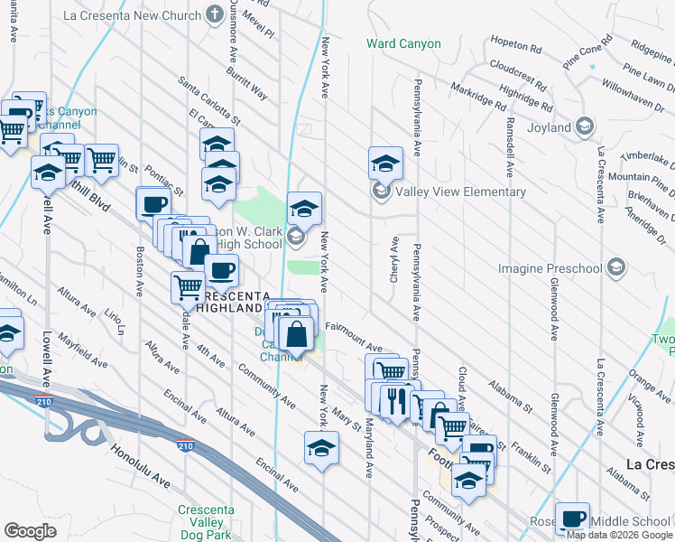 map of restaurants, bars, coffee shops, grocery stores, and more near 4704 New York Avenue in Glendale