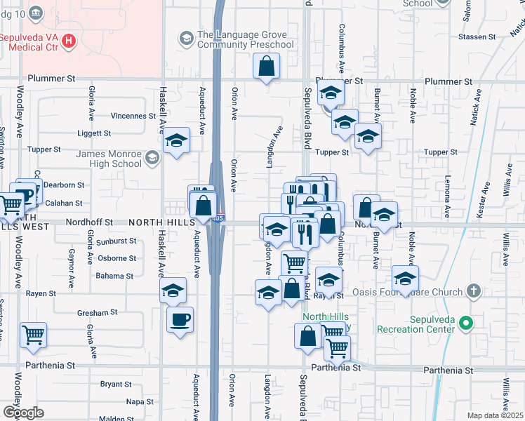 map of restaurants, bars, coffee shops, grocery stores, and more near 15505 Nordhoff Street in Los Angeles