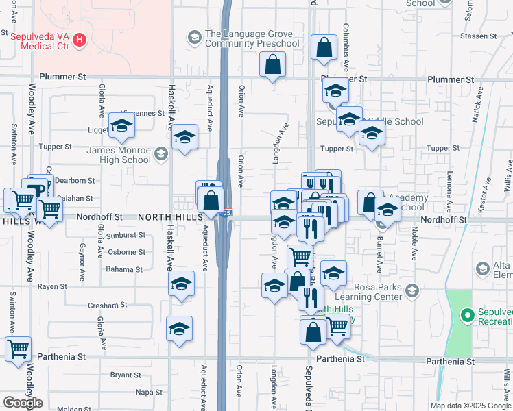 map of restaurants, bars, coffee shops, grocery stores, and more near 15555 Nordhoff Street in Los Angeles