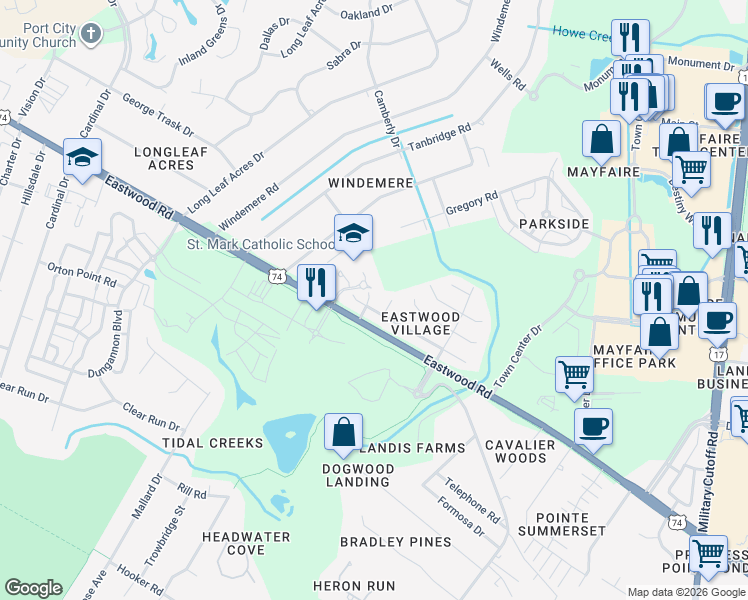 map of restaurants, bars, coffee shops, grocery stores, and more near 1005 Bay Branch Circle in Wilmington