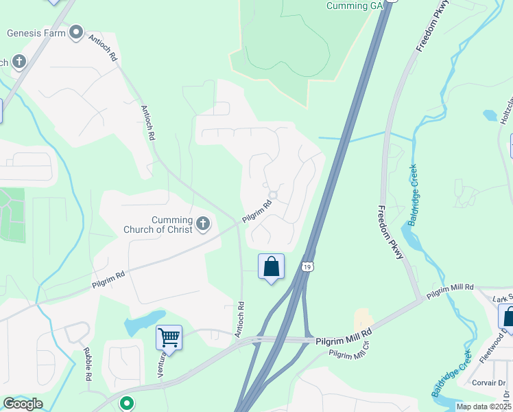 map of restaurants, bars, coffee shops, grocery stores, and more near 2455 Pilgrim Road in Cumming