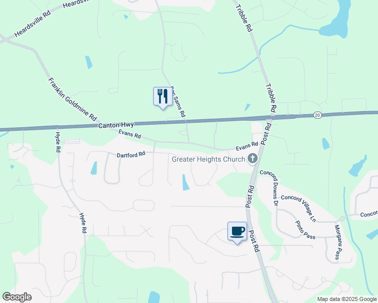 map of restaurants, bars, coffee shops, grocery stores, and more near 3919 Evans Road in Cumming