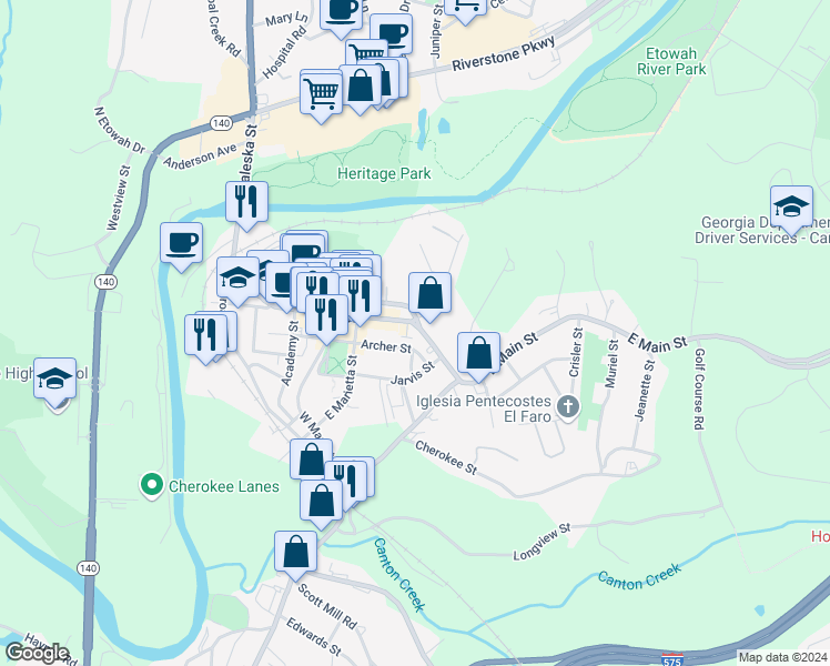 map of restaurants, bars, coffee shops, grocery stores, and more near 421 East Main Street in Canton