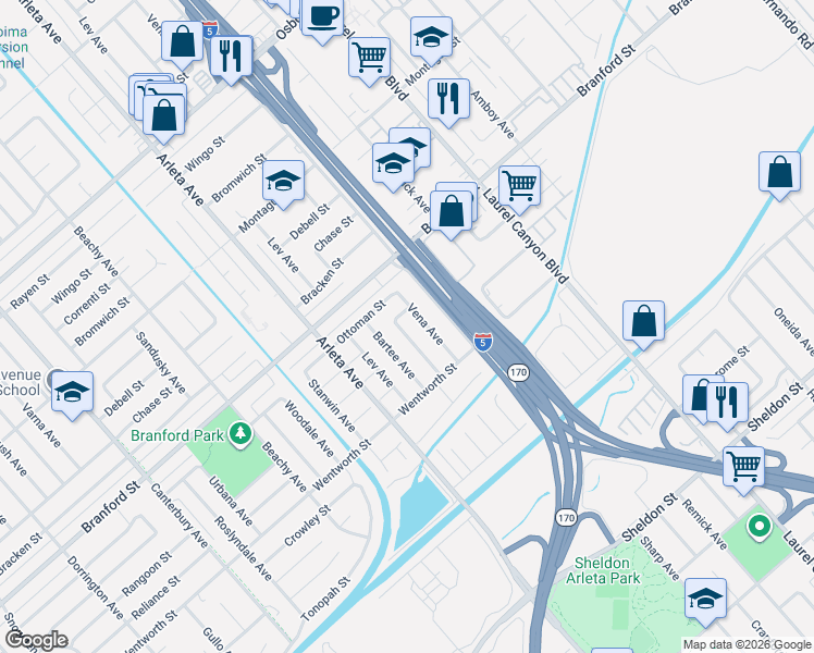 map of restaurants, bars, coffee shops, grocery stores, and more near 9168 Patrick Avenue in Los Angeles
