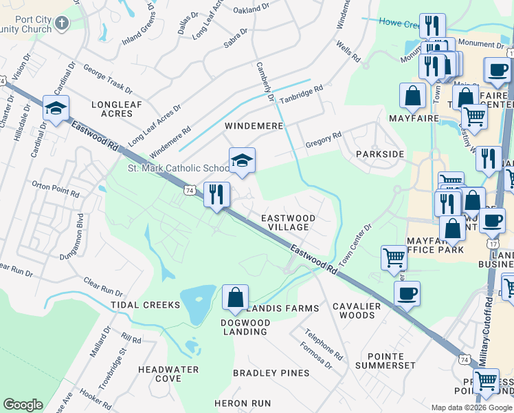 map of restaurants, bars, coffee shops, grocery stores, and more near 1005 Bay Branch Circle in Wilmington
