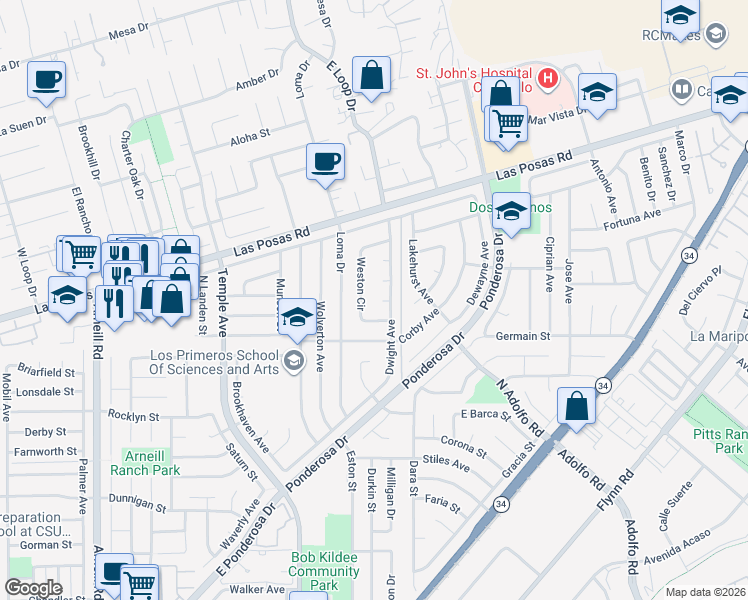 map of restaurants, bars, coffee shops, grocery stores, and more near 1761 Dwight Avenue in Camarillo