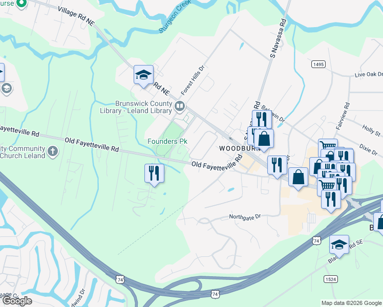 map of restaurants, bars, coffee shops, grocery stores, and more near 109 Lossen Lane in Leland