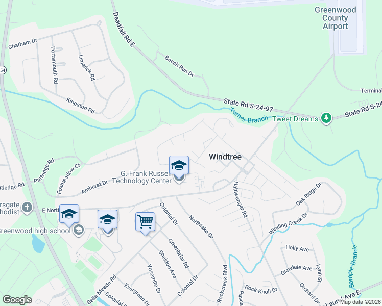 map of restaurants, bars, coffee shops, grocery stores, and more near 118 Windtree Court in Greenwood