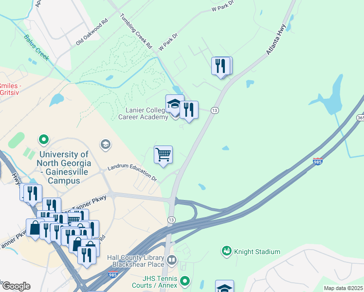 map of restaurants, bars, coffee shops, grocery stores, and more near 2756 Atlanta Highway in Gainesville