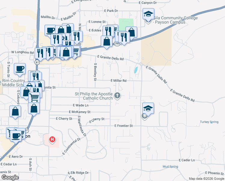 map of restaurants, bars, coffee shops, grocery stores, and more near 41 South Saint Phillips Street in Payson