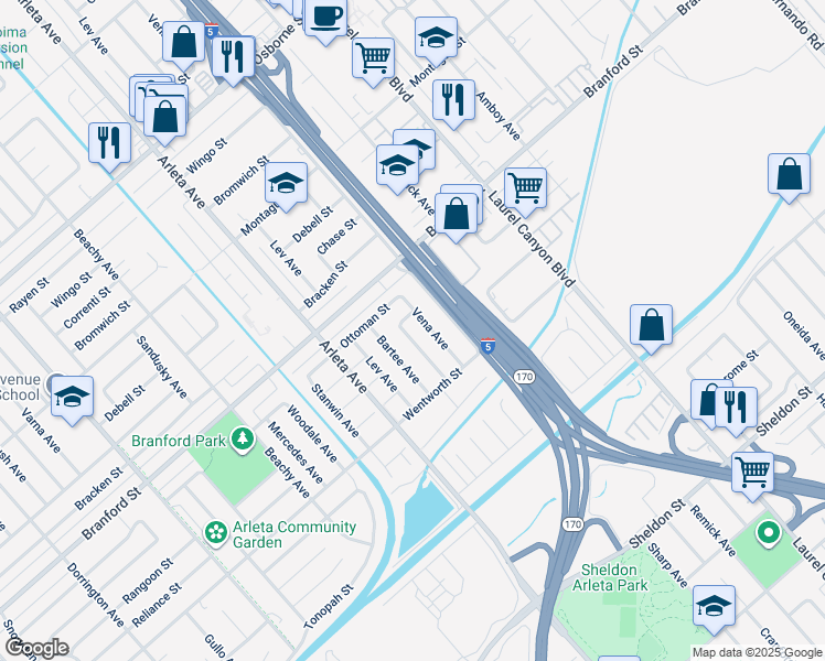 map of restaurants, bars, coffee shops, grocery stores, and more near 9168 Patrick Avenue in Los Angeles