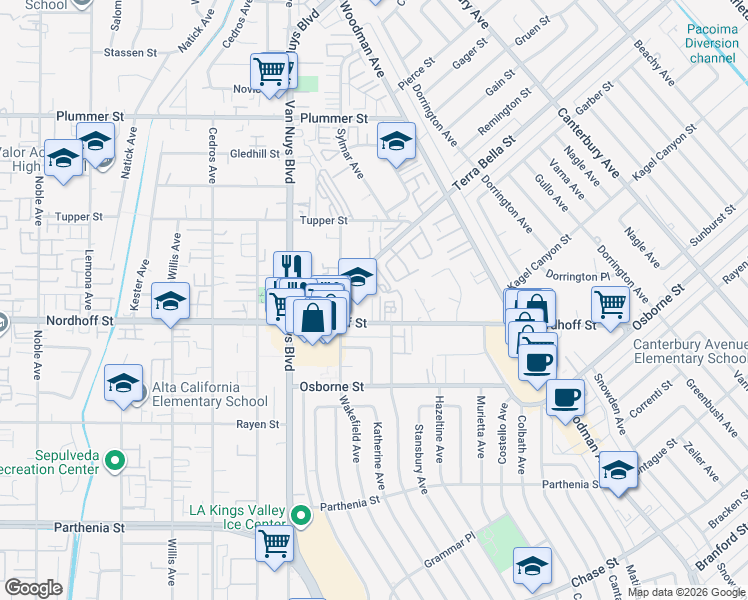map of restaurants, bars, coffee shops, grocery stores, and more near 9124 North Nilo Lane in Los Angeles