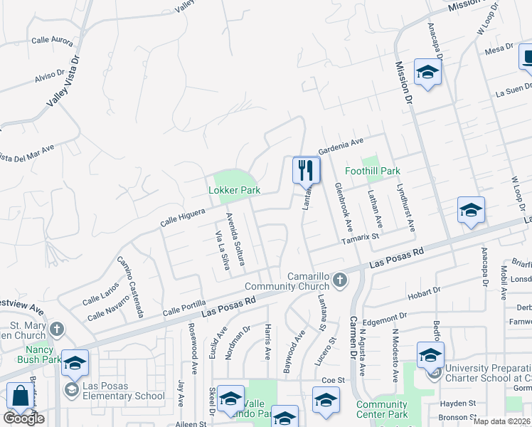 map of restaurants, bars, coffee shops, grocery stores, and more near 942 Camino Vera Cruz in Camarillo