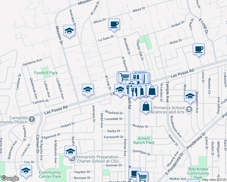 map of restaurants, bars, coffee shops, grocery stores, and more near 2145 Las Posas Road in Camarillo