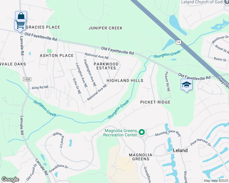 map of restaurants, bars, coffee shops, grocery stores, and more near 9130 Highland Hills Drive Northeast in Leland