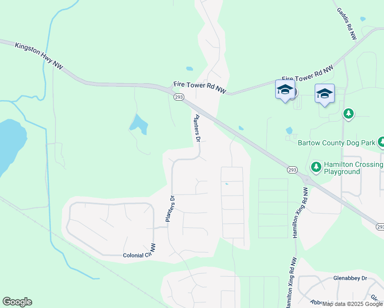 map of restaurants, bars, coffee shops, grocery stores, and more near 34 Planters Drive in Cartersville