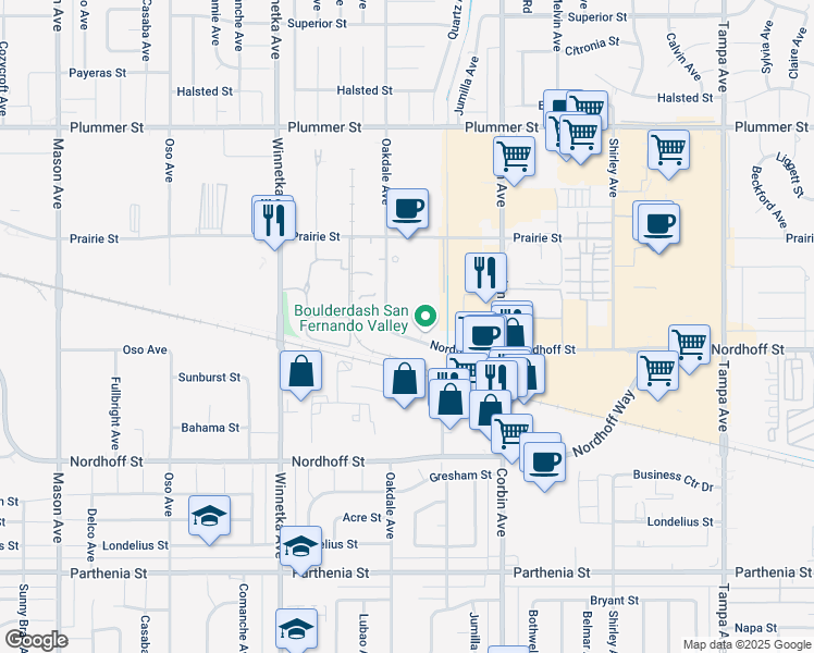 map of restaurants, bars, coffee shops, grocery stores, and more near 19809 Nordhoff Place in Los Angeles