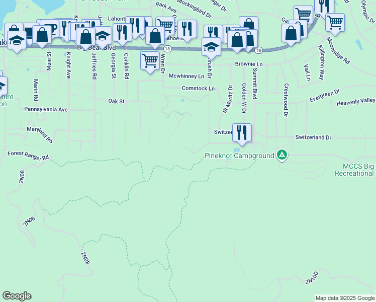 map of restaurants, bars, coffee shops, grocery stores, and more near 41625 Thrush Court in Big Bear Lake
